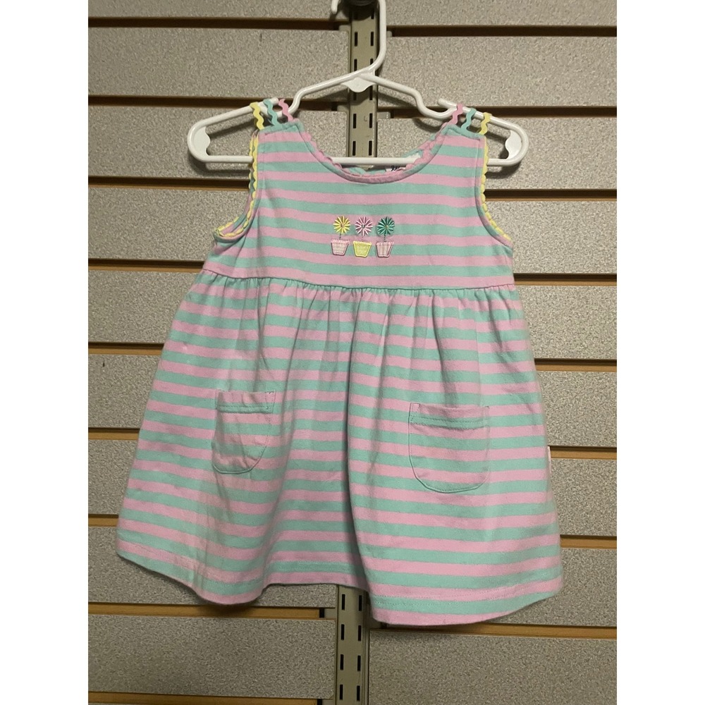 Vintage Le Top Baby Girls Pink Mint Striped Dress Flower Pots Applique Size 24 M